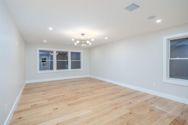 Empty room, Interior, Pendant Lights, Recessed Lighting, Wood Texture Flooring