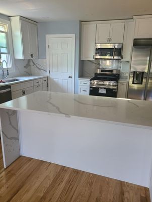 Interior, Kitchen, Marble Walls, Stainless Steel Appliances, Wood Texture Flooring