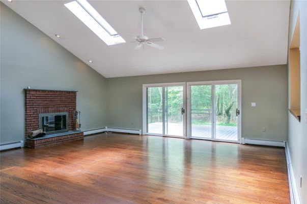 Empty room, Fireplace, Interior, Recessed Lighting, Wood Texture Flooring