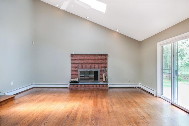 Empty room, Fireplace, Interior, Recessed Lighting, Wood Texture Flooring