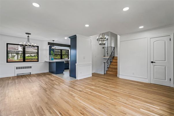 Empty room, Interior, Kitchen, Pendant Lights, Recessed Lighting, Wood Texture Flooring