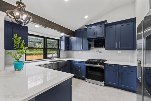 Interior, Kitchen, Pendant Lights, Recessed Lighting, Stainless Steel Appliances, Wooden Beams