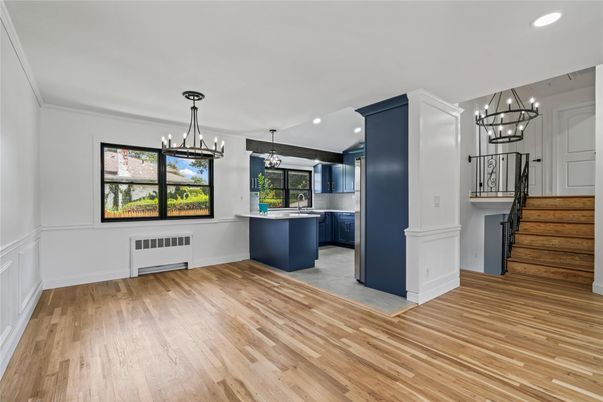 Chandelier, Interior, Kitchen, Pendant Lights, Recessed Lighting, Wood Texture Flooring