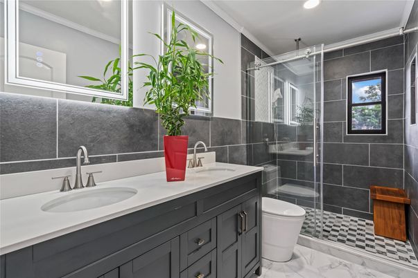 Bathroom, Dual Sink Vanities, Glass Shower, Interior, Marble, Recessed Lighting