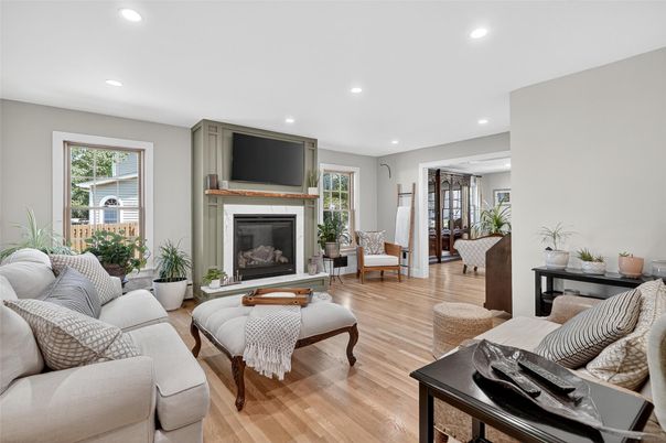 Fireplace, Interior, Living room, Recessed Lighting, Wood Texture Flooring