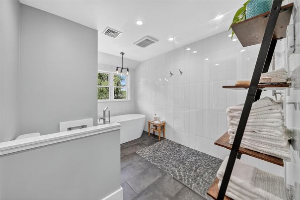 Bathroom, Free Standing Baths, Glass Shower, Interior, Recessed Lighting