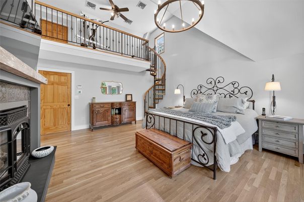 Bedroom, Fireplace, Interior, Pendant Lights, Wood Texture Flooring