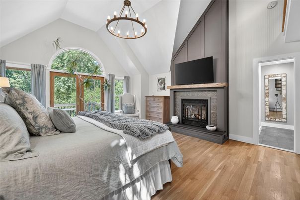 Bedroom, Fireplace, Interior, Pendant Lights, Wood Texture Flooring