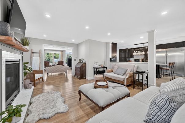 Interior, Kitchen, Living room, Recessed Lighting, Stainless Steel Appliances, Wood Texture Flooring