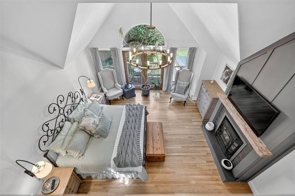 Fireplace, Interior, Living room, Pendant Lights, Wood Texture Flooring