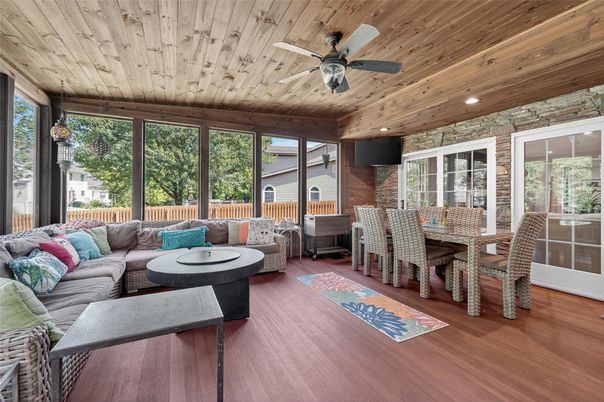 Dining room, Interior, Living room, Recessed Lighting, Stone Walls, Wooden Ceilings, Wood Texture Flooring