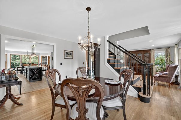 Chandelier, Dining room, Interior, Living room, Pendant Lights, Recessed Lighting, Wood Texture Flooring