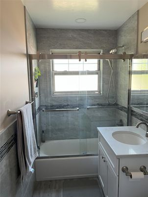 Bathroom, Glass Shower, Interior, Recessed Lighting, Wood Texture Flooring