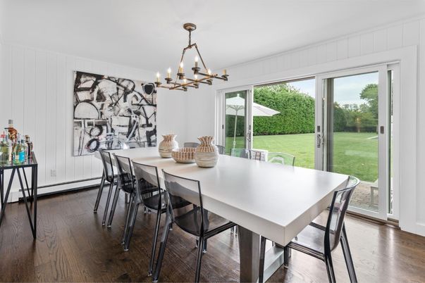 Dining room, Interior, Pendant Lights, Wood Texture Flooring