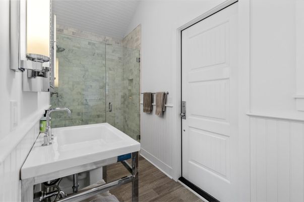 Bathroom, Glass Shower, Interior, Wood Texture Flooring