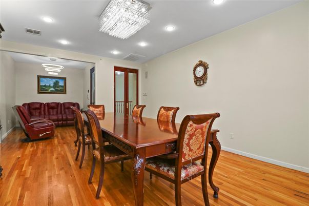 Chandelier, Dining room, Interior, Recessed Lighting, Wood Texture Flooring