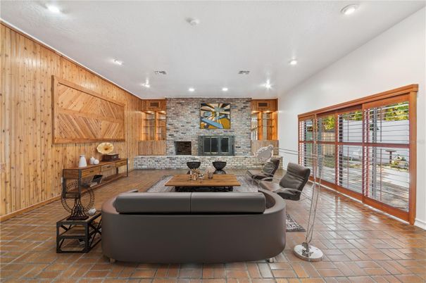 Fireplace, Interior, Living room, Recessed Lighting, Stone Walls, Wooden Walls