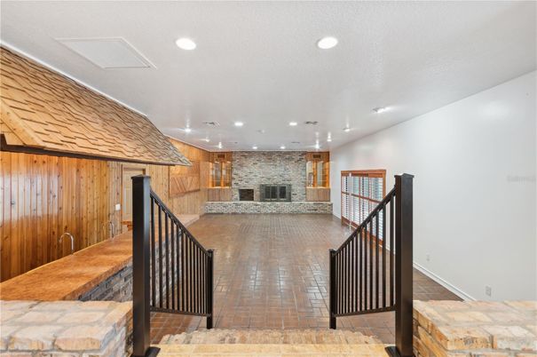 Fireplace, Interior, Recessed Lighting, Stone Walls, Wooden Walls