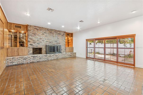 Empty room, Fireplace, Interior, Recessed Lighting, Stone Walls, Wooden Walls