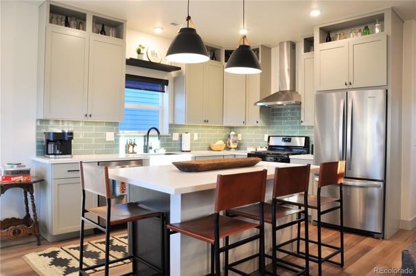 Interior, Kitchen, Pendant Lights, Recessed Lighting, Stainless Steel Appliances, Wood Texture Flooring