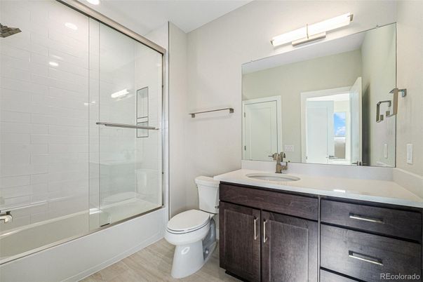 Bathroom, Glass Shower, Interior, Recessed Lighting, Wood Texture Flooring