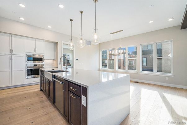 Interior, Kitchen, Pendant Lights, Recessed Lighting, Stainless Steel Appliances, Wood Texture Flooring
