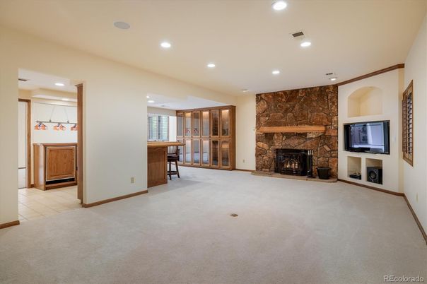 Empty room, Fireplace, Interior, Recessed Lighting, Stone Walls