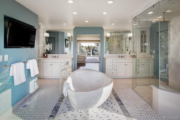 Bathroom, Dual Sink Vanities, Free Standing Baths, Glass Shower, Interior, Recessed Lighting