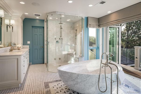 Bathroom, Free Standing Baths, Glass Shower, Interior, Recessed Lighting