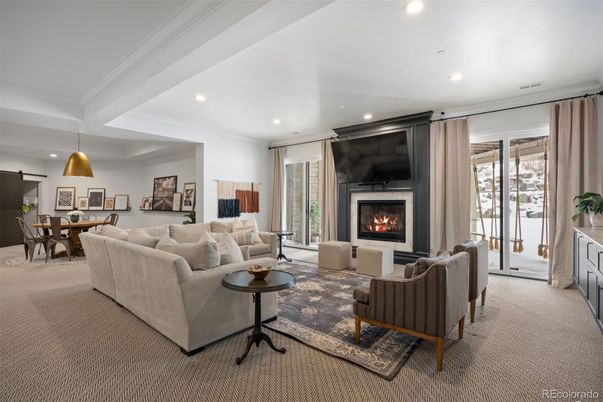 Dining room, Fireplace, Interior, Living room, Pendant Lights, Recessed Lighting