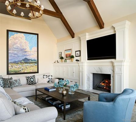Chandelier, Fireplace, Interior, Living room, Wooden Beams