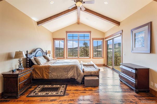 Bedroom, Interior, Recessed Lighting, Wooden Beams, Wood Texture Flooring