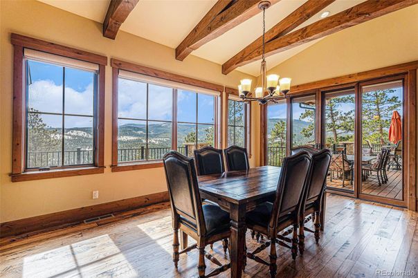 Chandelier, Dining room, Interior, Wooden Beams, Wood Texture Flooring