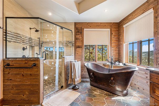 Bathroom, Free Standing Baths, Glass Shower, Interior, Recessed Lighting, Wooden Walls