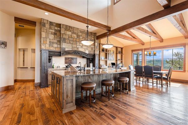 Dining room, Interior, Kitchen, Pendant Lights, Recessed Lighting, Stone Walls, Wooden Beams, Wood Texture Flooring