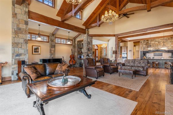 Chandelier, Fireplace, Interior, Kitchen, Living room, Pendant Lights, Stone Walls, Wooden Beams, Wood Texture Flooring