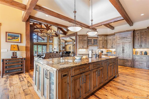 Interior, Kitchen, Pendant Lights, Recessed Lighting, Wooden Beams, Wood Texture Flooring