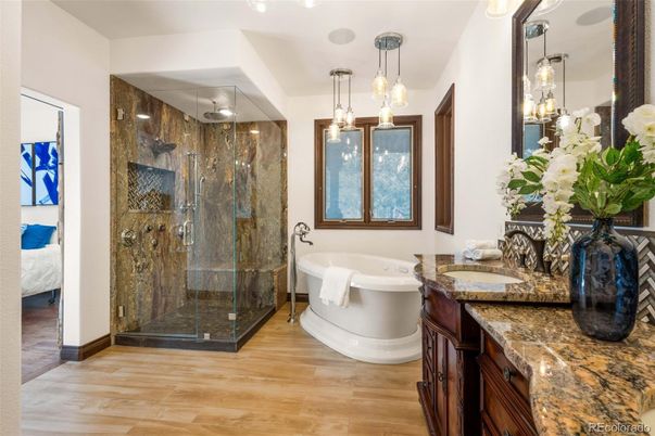 Bathroom, Free Standing Baths, Glass Shower, Interior, Pendant Lights, Wood Texture Flooring