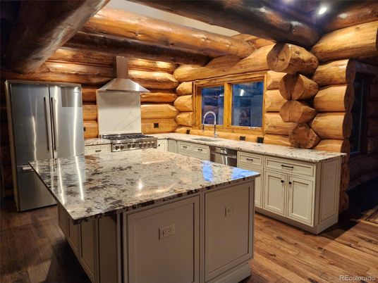Interior, Kitchen, Recessed Lighting, Stainless Steel Appliances, Wooden Beams, Wooden Ceilings, Wood Texture Flooring