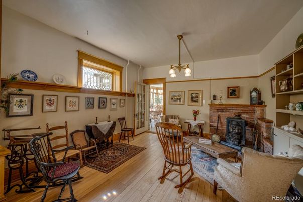 Fireplace, Interior, Living room, Pendant Lights, Wood Texture Flooring