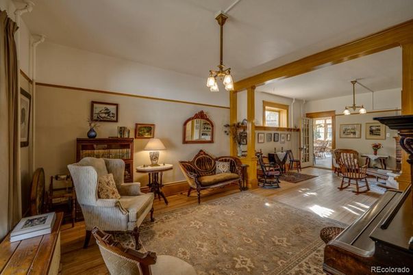 Dining room, Fireplace, Interior, Living room, Pendant Lights, Wood Texture Flooring