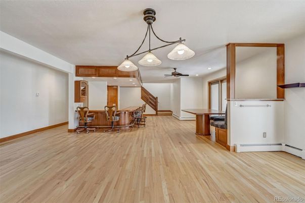 Dining room, Interior, Pendant Lights, Recessed Lighting, Wood Texture Flooring