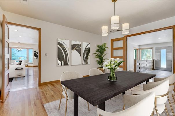 Chandelier, Dining room, Interior, Pendant Lights, Recessed Lighting, Wood Texture Flooring