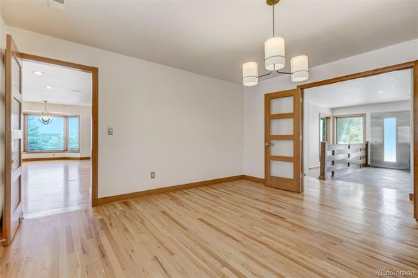 Chandelier, Empty room, Interior, Pendant Lights, Recessed Lighting, Wood Texture Flooring