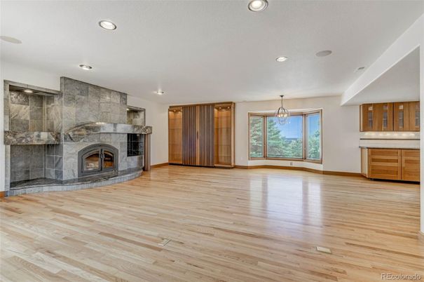 Empty room, Fireplace, Interior, Recessed Lighting, Wood Texture Flooring