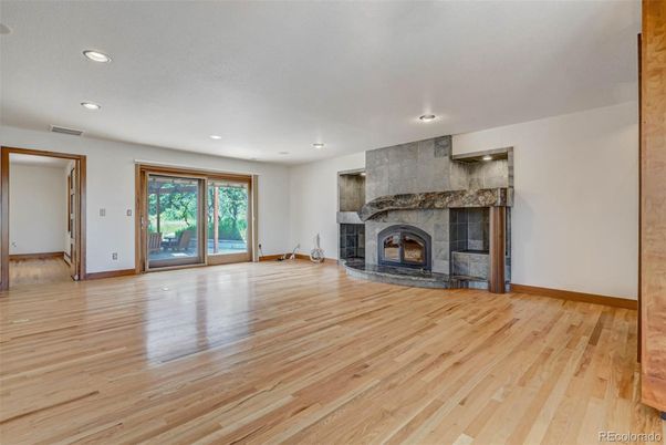 Empty room, Fireplace, Interior, Recessed Lighting, Wood Texture Flooring