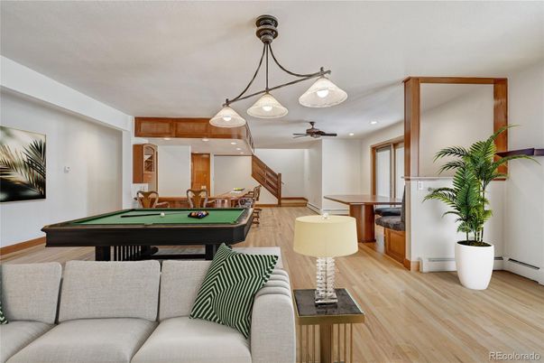 Billiard Table, Game Room, Interior, Pendant Lights, Recessed Lighting, Wood Texture Flooring