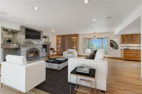 Dining room, Fireplace, Interior, Living room, Pendant Lights, Recessed Lighting, Wood Texture Flooring