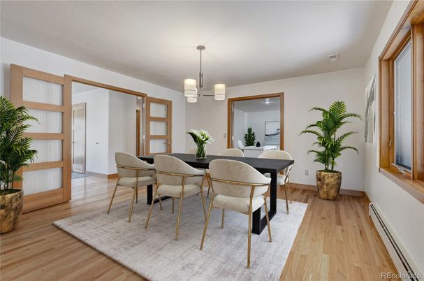 Dining room, Interior, Pendant Lights, Wood Texture Flooring