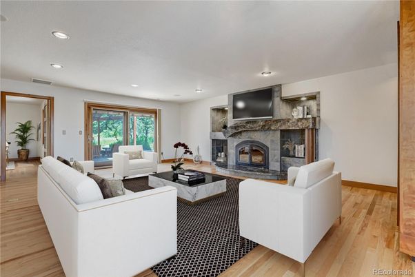 Fireplace, Interior, Living room, Recessed Lighting, Wood Texture Flooring